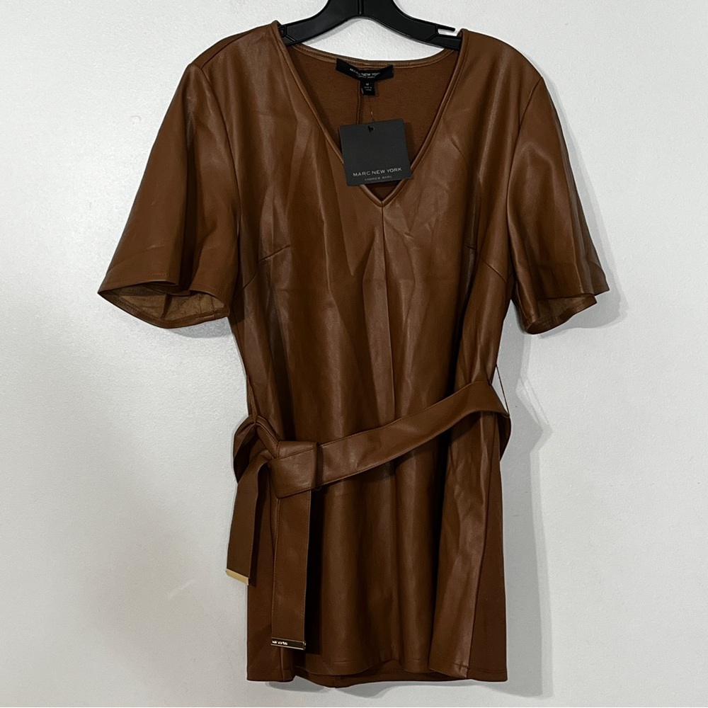 Marc New York Brown Faux Leather V-neck Top